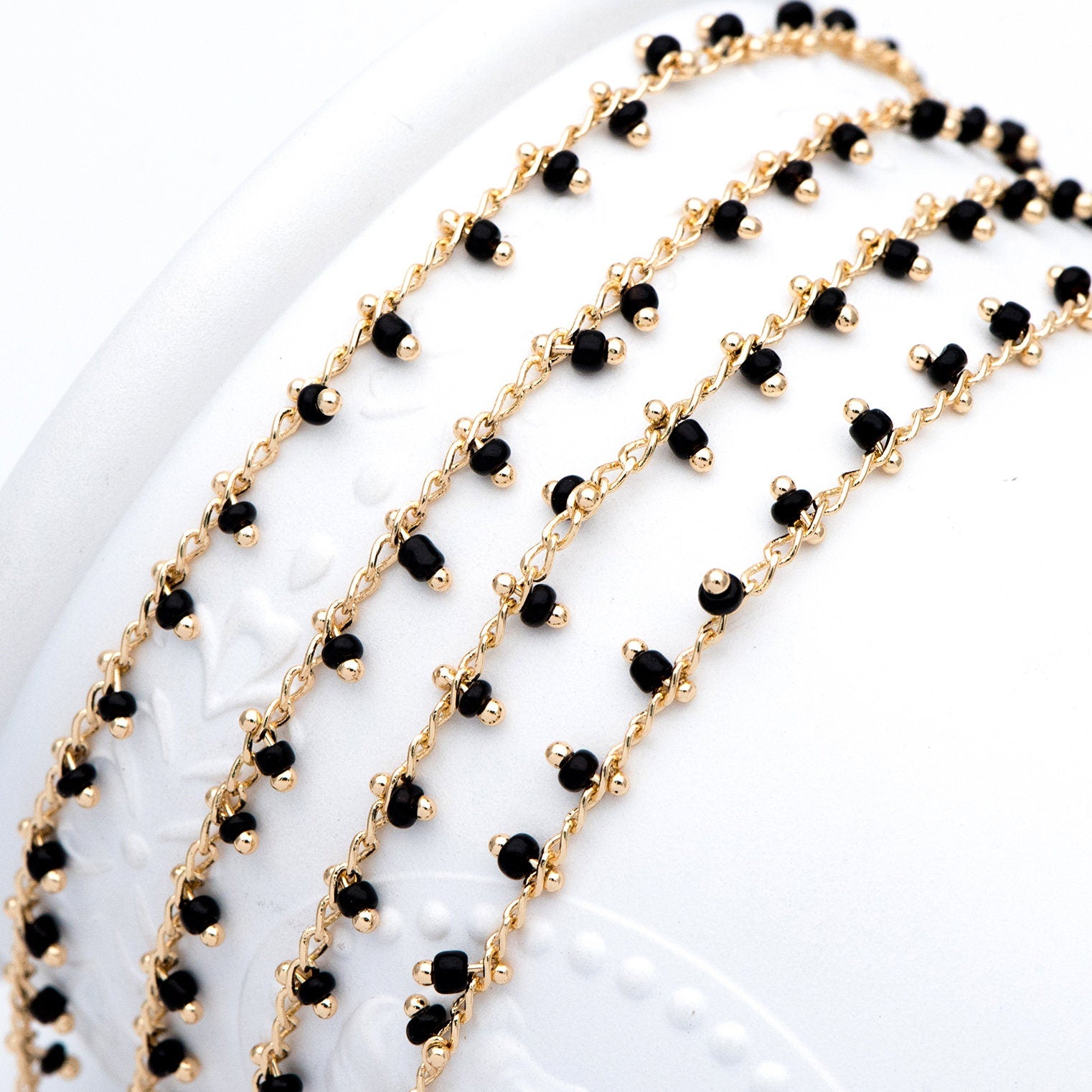 Gold plated Brass Beaded Chains, 1.8mm Chain with Glass Seed Beads, Necklace Chain Components (#LK-201)/ 1 Meter=3.3 ft